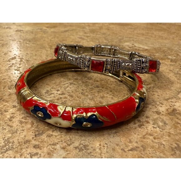 Vintage Floral Enamel & Rhinestone Bracelets Set - Picture 3 of 4